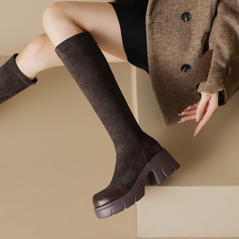 Audrey | Women's Knee-High Boots with Rounded Square Toe and Chunky Sole