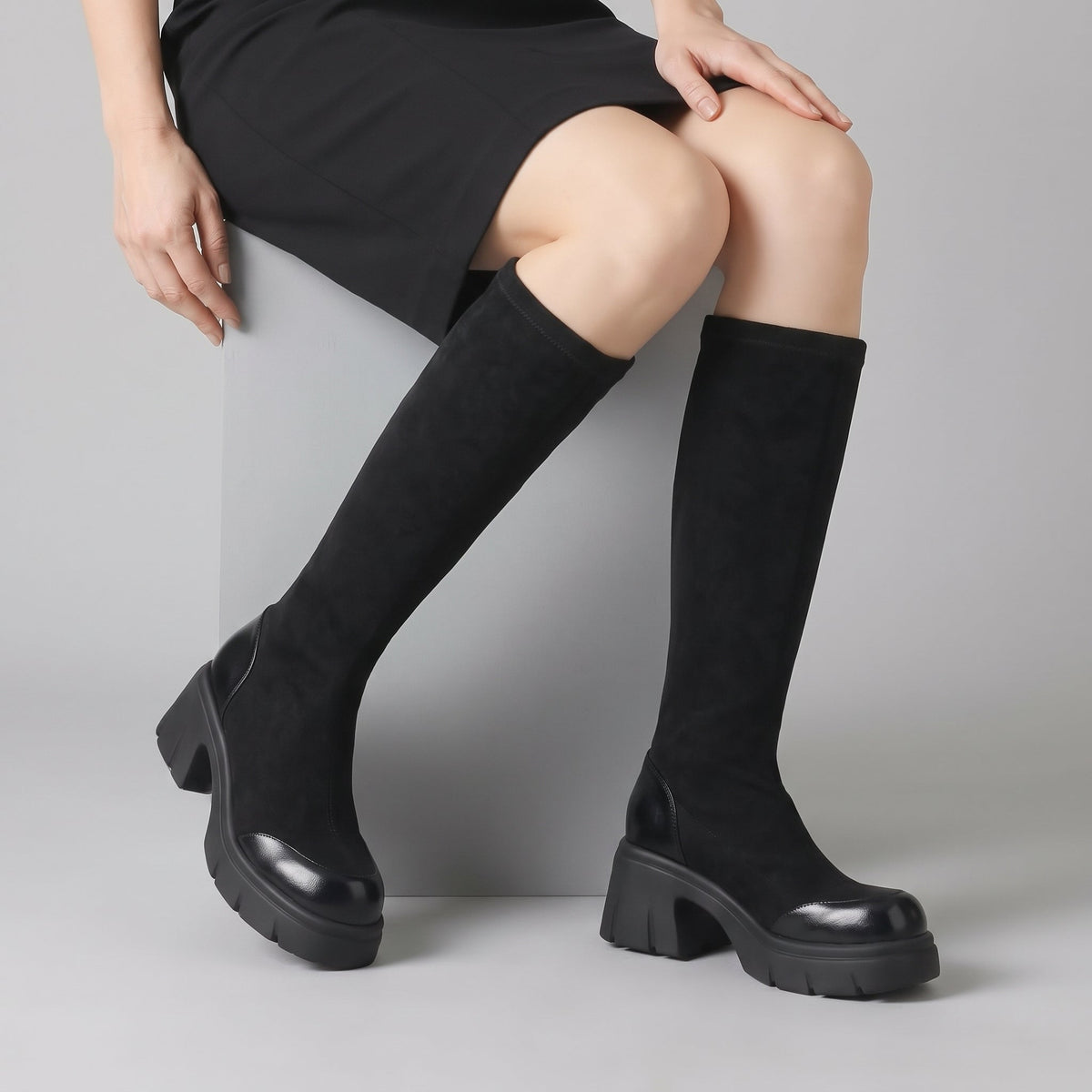 Audrey | Women's Knee-High Boots with Rounded Square Toe and Chunky Sole