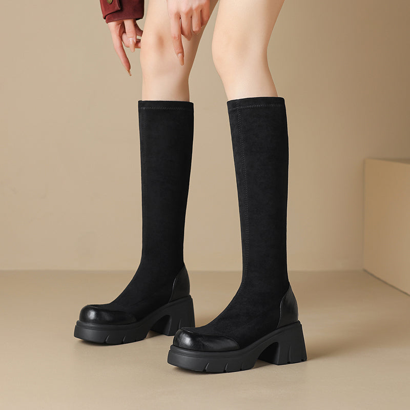 Audrey | Women's Knee-High Boots with Rounded Square Toe and Chunky Sole