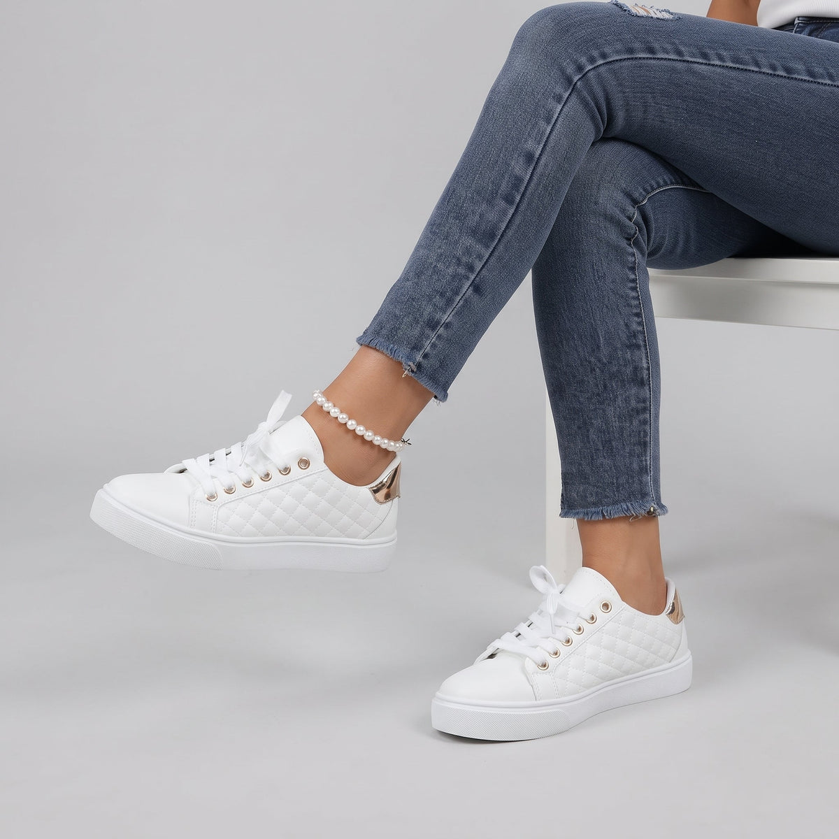 Ava | Women's Quilted Lace-Up Sneakers with Gold Detail