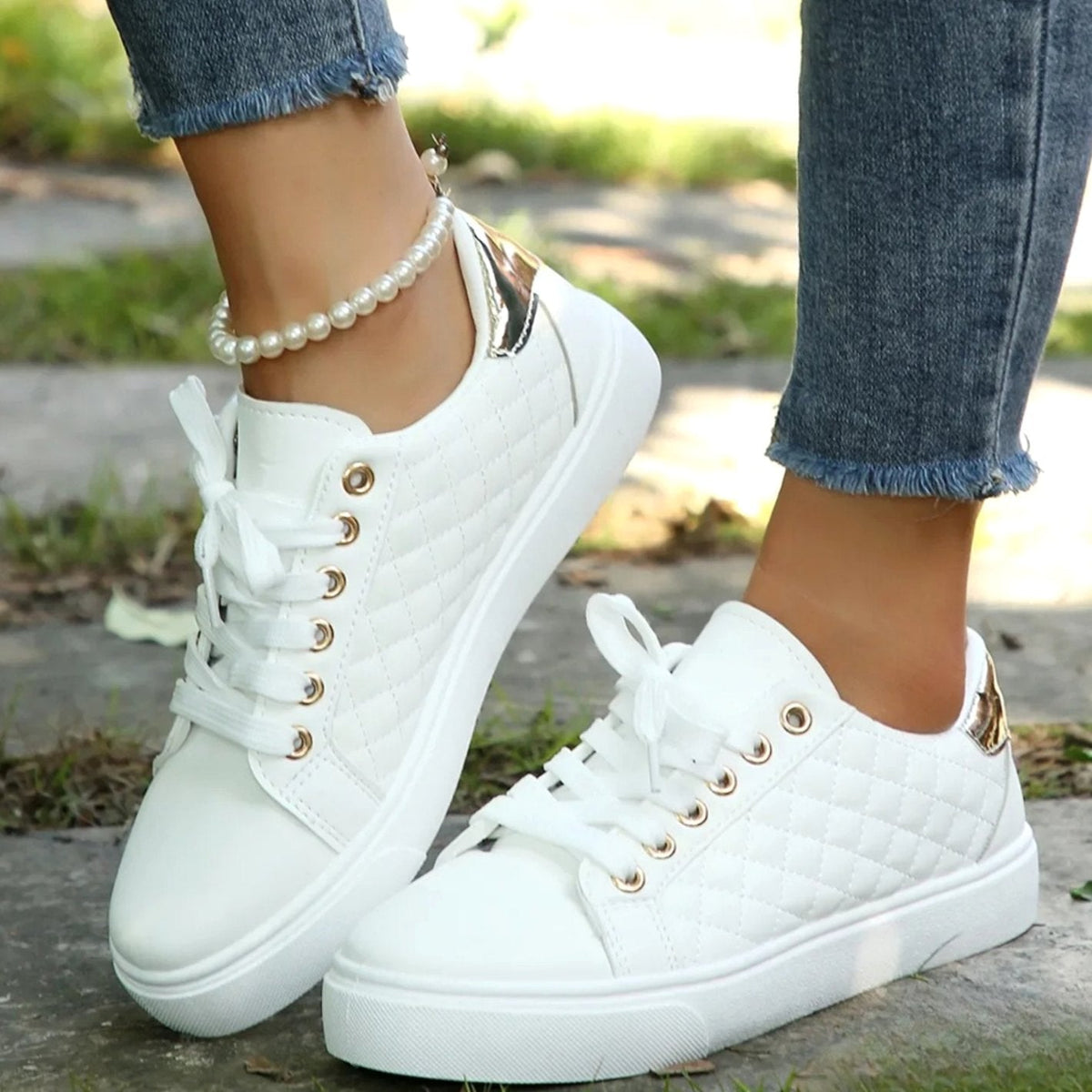 Ava | Women's Quilted Lace-Up Sneakers with Gold Detail