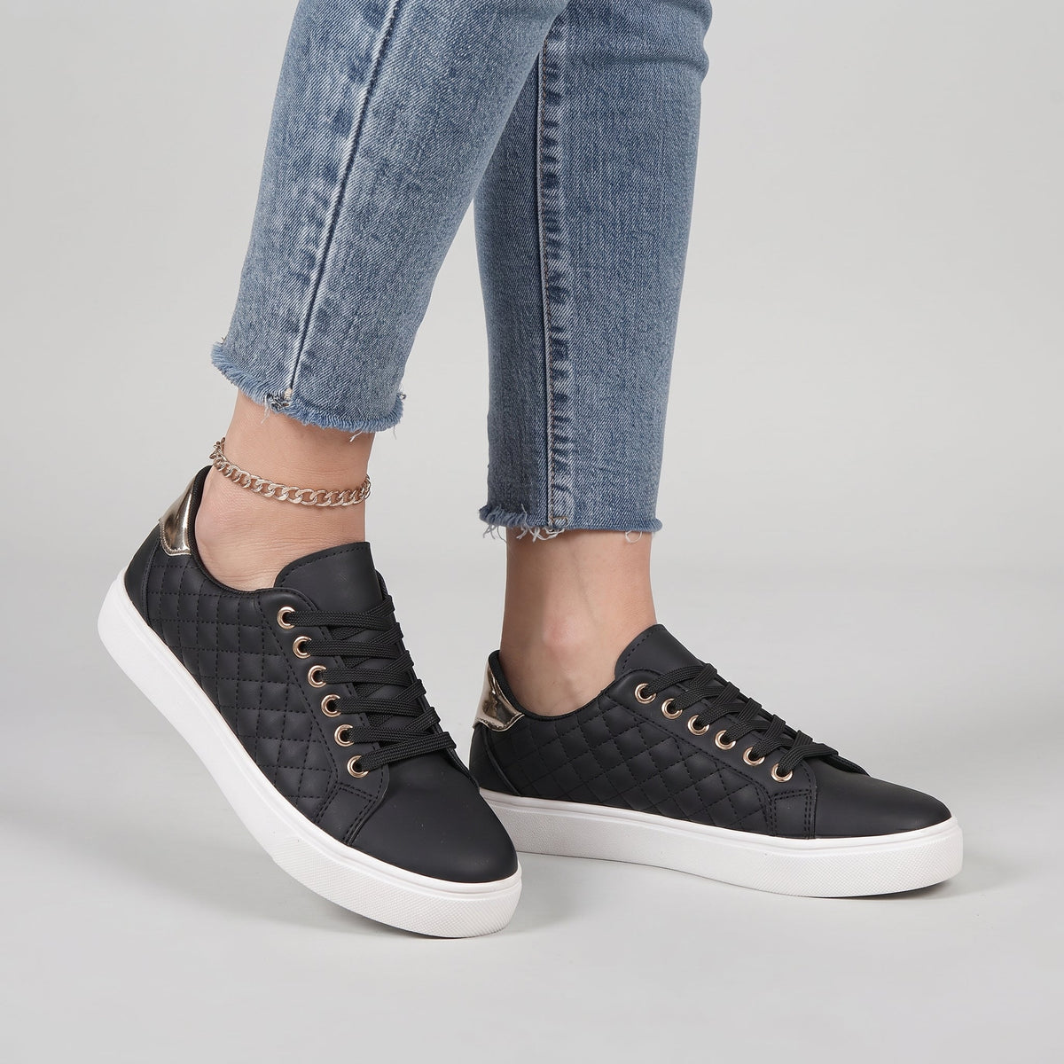 Ava | Women's Quilted Lace-Up Sneakers with Gold Detail