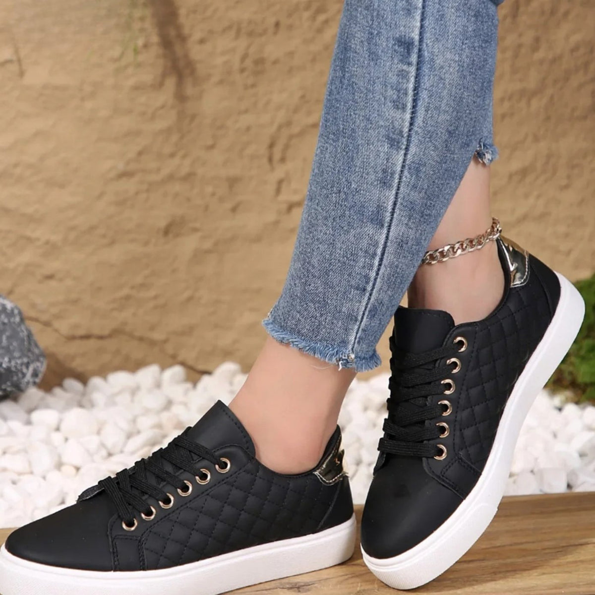 Ava | Women's Quilted Lace-Up Sneakers with Gold Detail