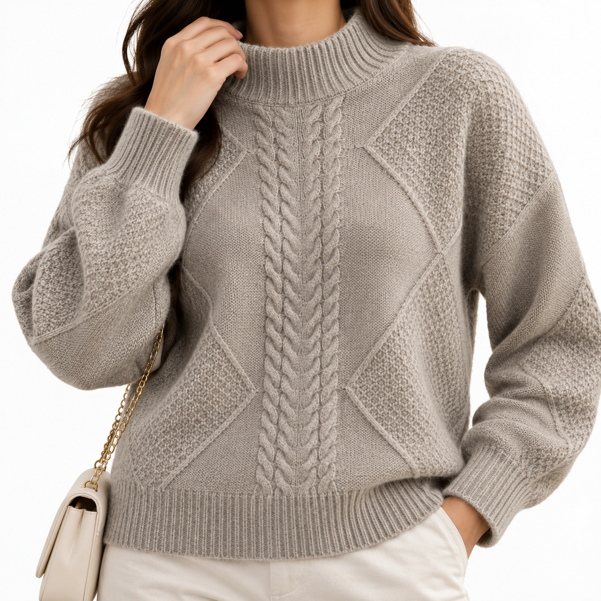 Isabelle | Women's Cable Knit Sweater with High Neck and Textured Pattern