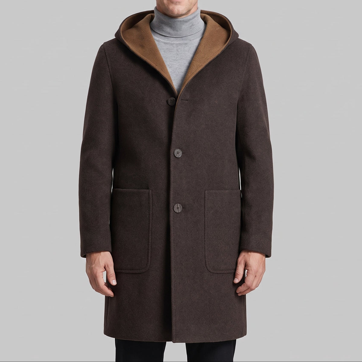 Edmund | Men's Hooded Overcoat with Button Front and Patch Pockets