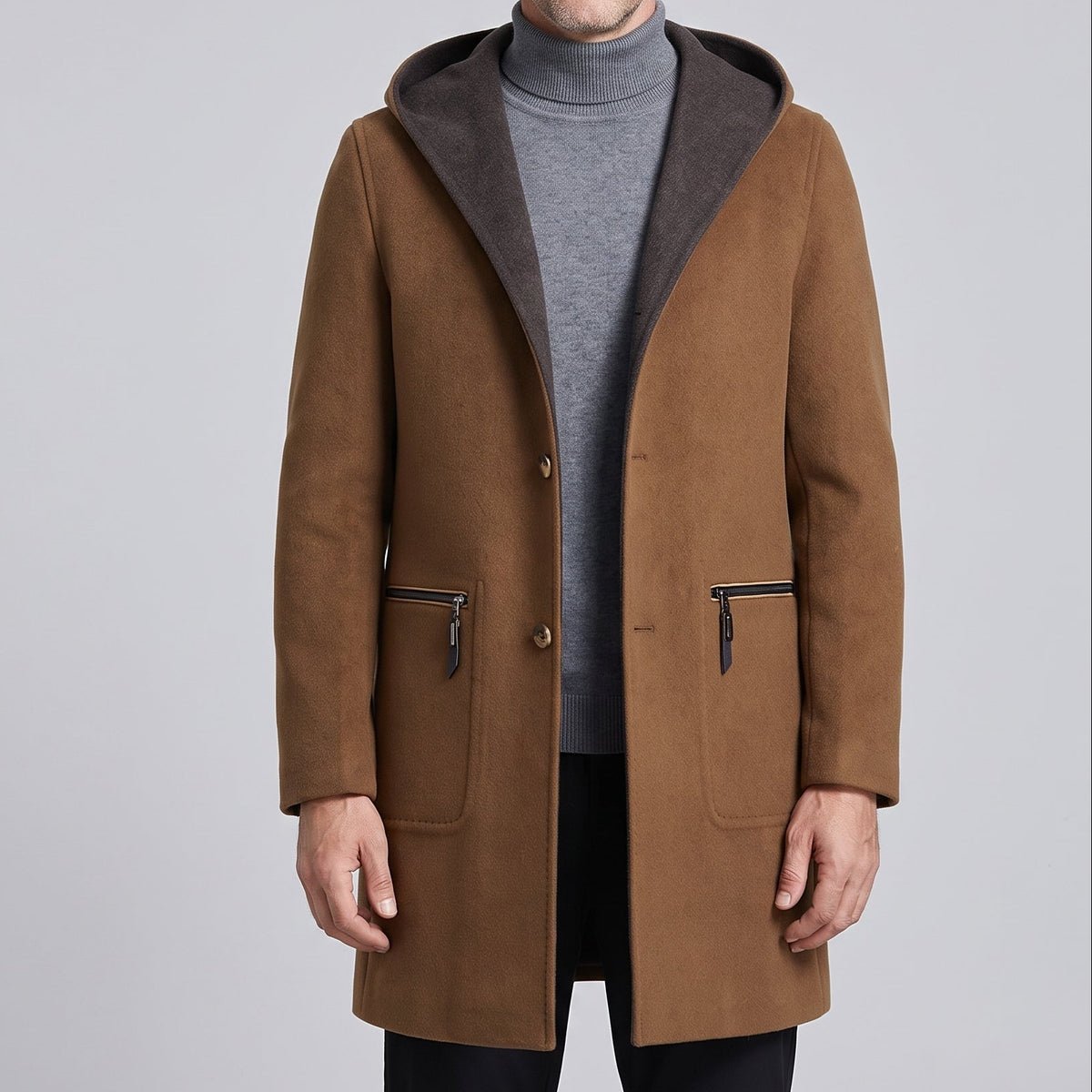 Edmund | Men's Hooded Overcoat with Button Front and Patch Pockets