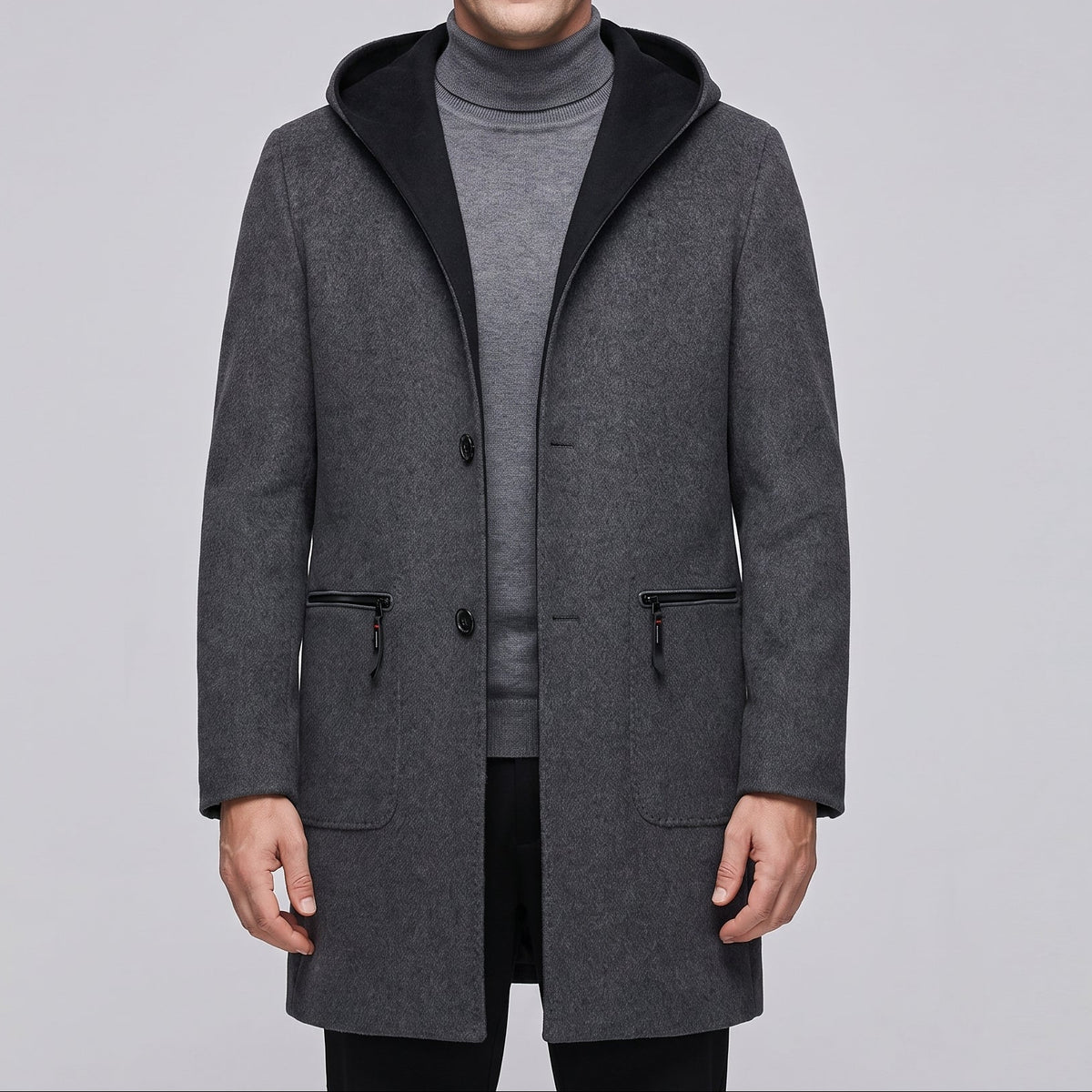 Edmund | Men's Hooded Overcoat with Button Front and Patch Pockets