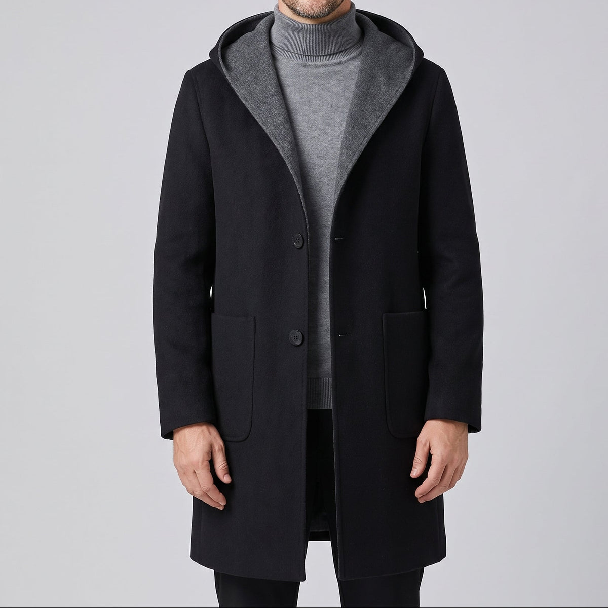 Edmund | Men's Hooded Overcoat with Button Front and Patch Pockets