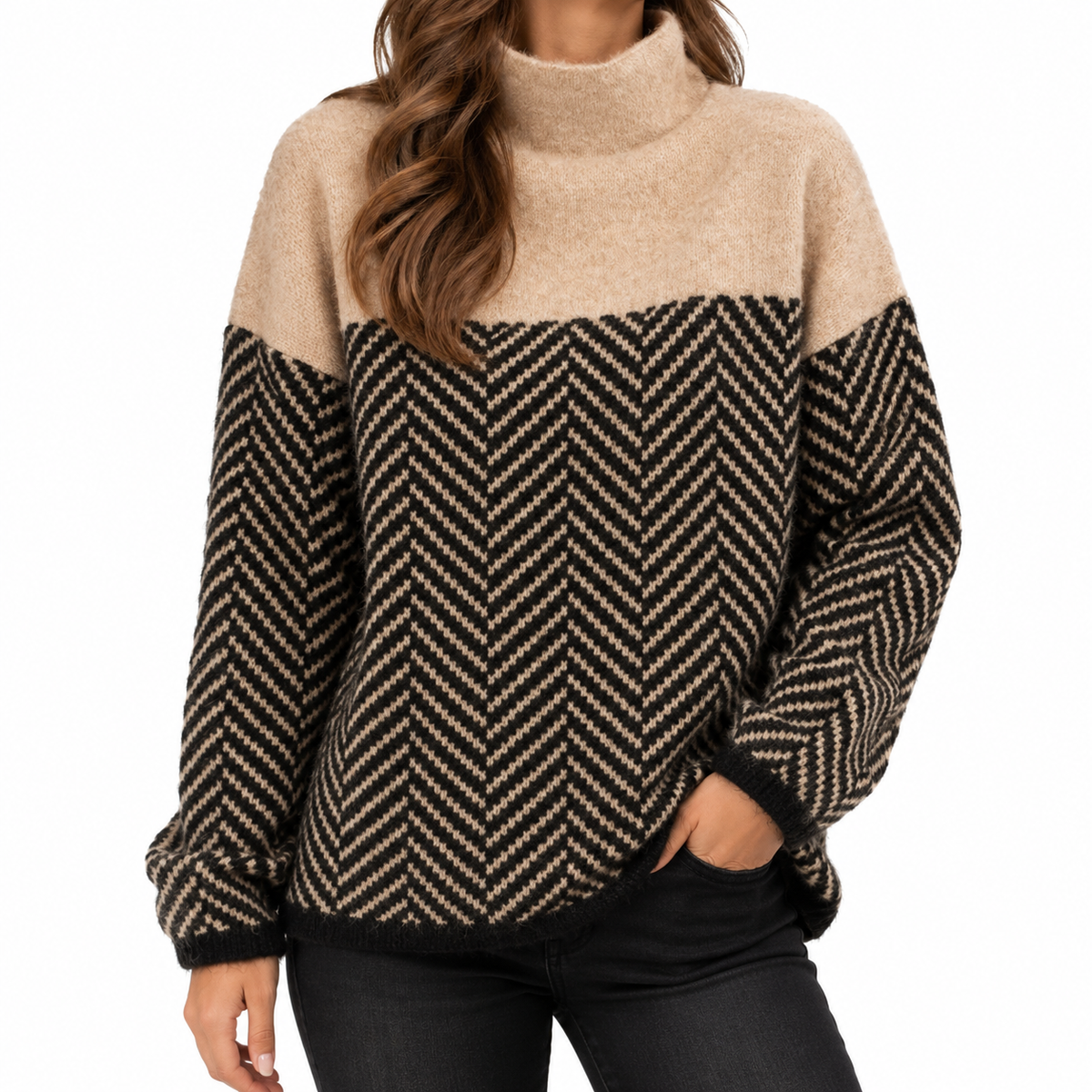 Elena | Women's Knit Sweater with High Neck and Chevron Pattern