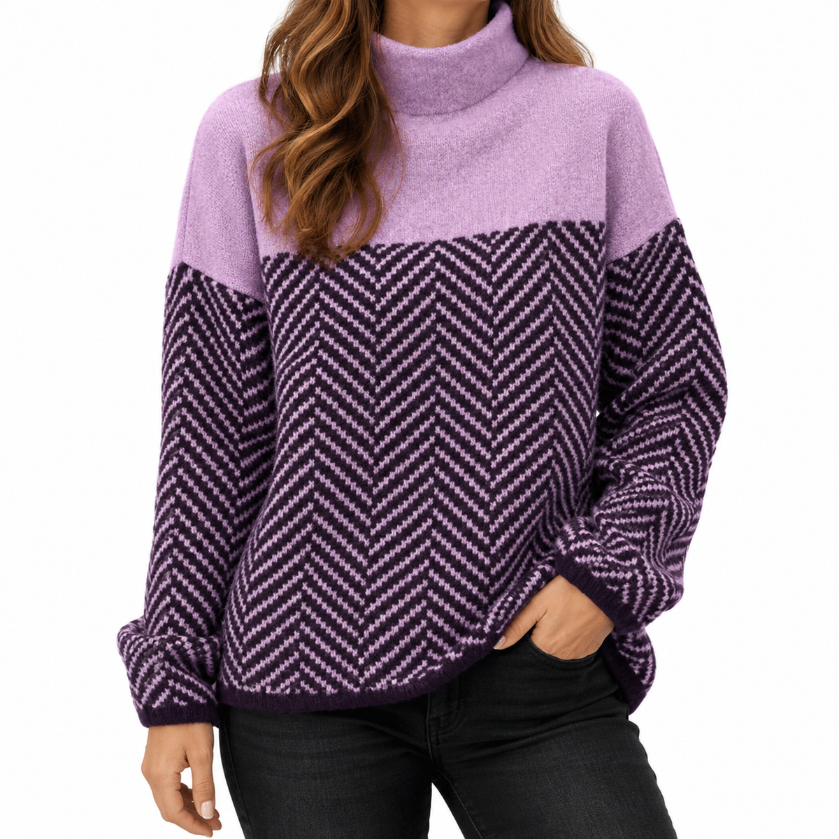 Elena | Women's Knit Sweater with High Neck and Chevron Pattern