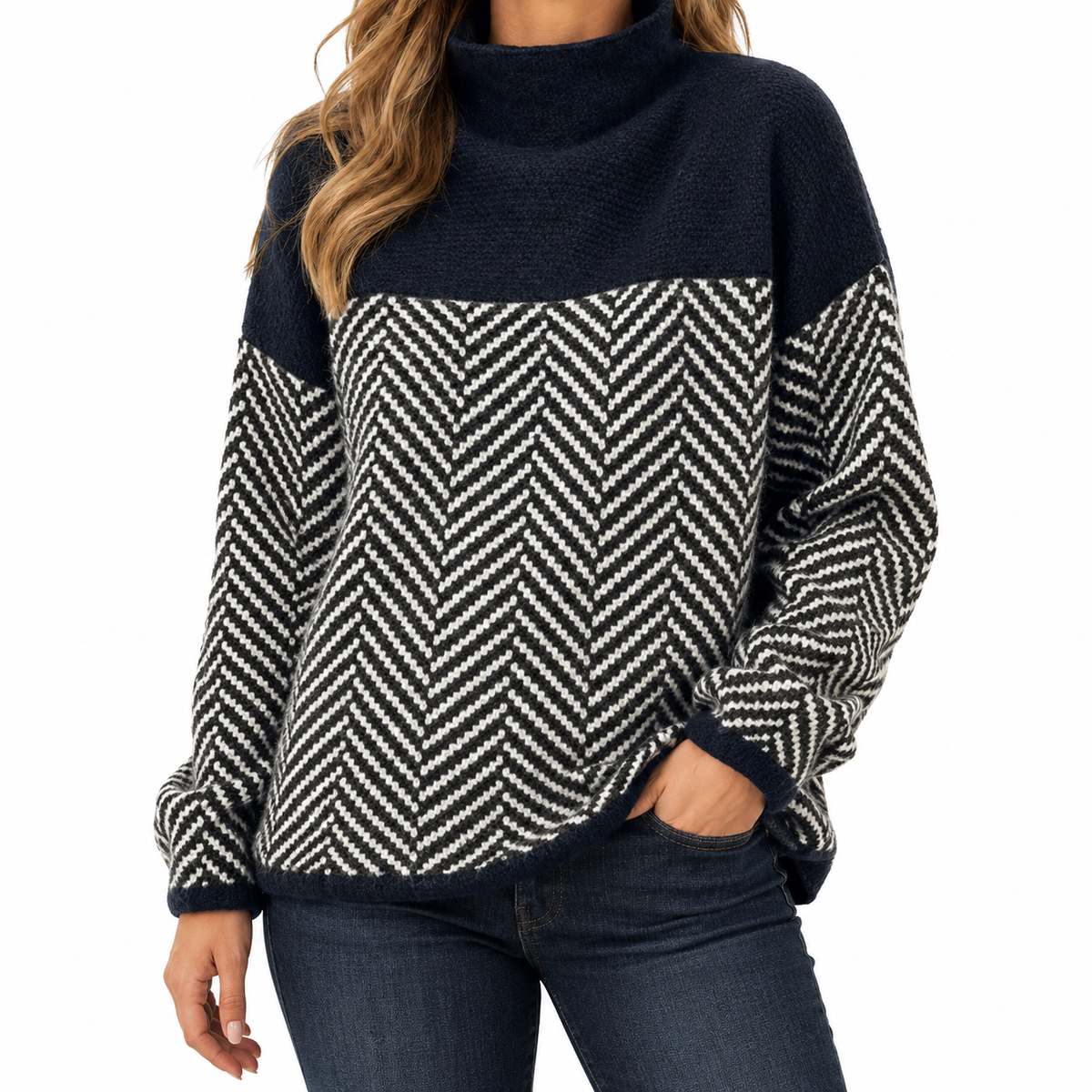 Elena | Women's Knit Sweater with High Neck and Chevron Pattern