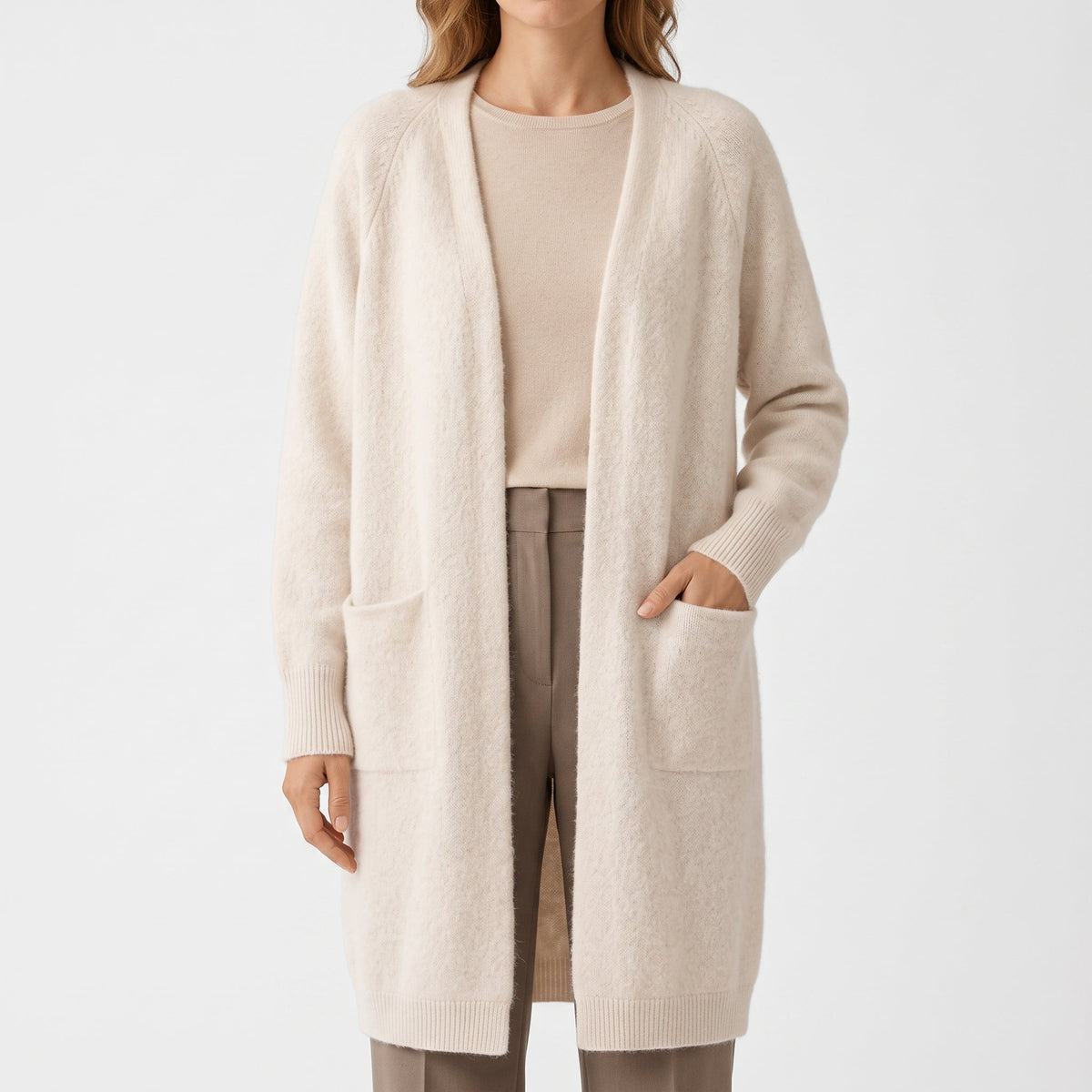 Elodie | Women's Long Open Front Cardigan with Patch Pockets