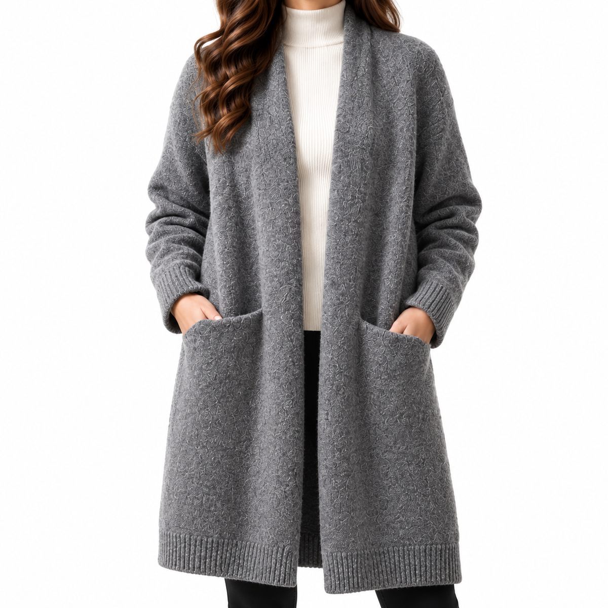 Elodie | Women's Long Open Front Cardigan with Patch Pockets