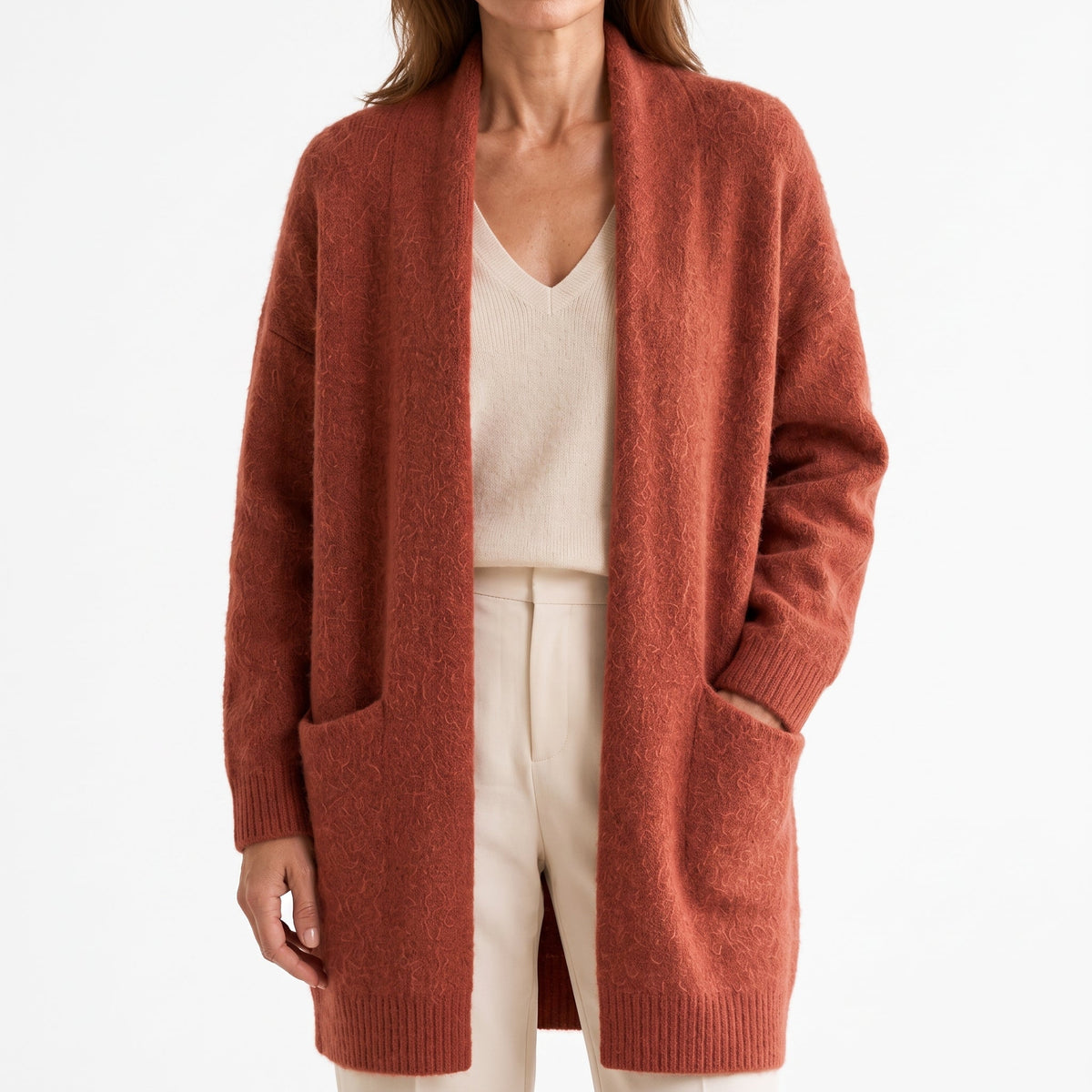 Elodie | Women's Long Open Front Cardigan with Patch Pockets