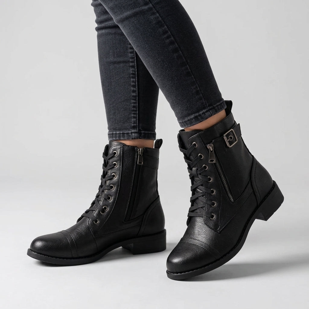 Audrey | Women's Lace-Up Ankle Boots with Buckle Detail and Flat Sole