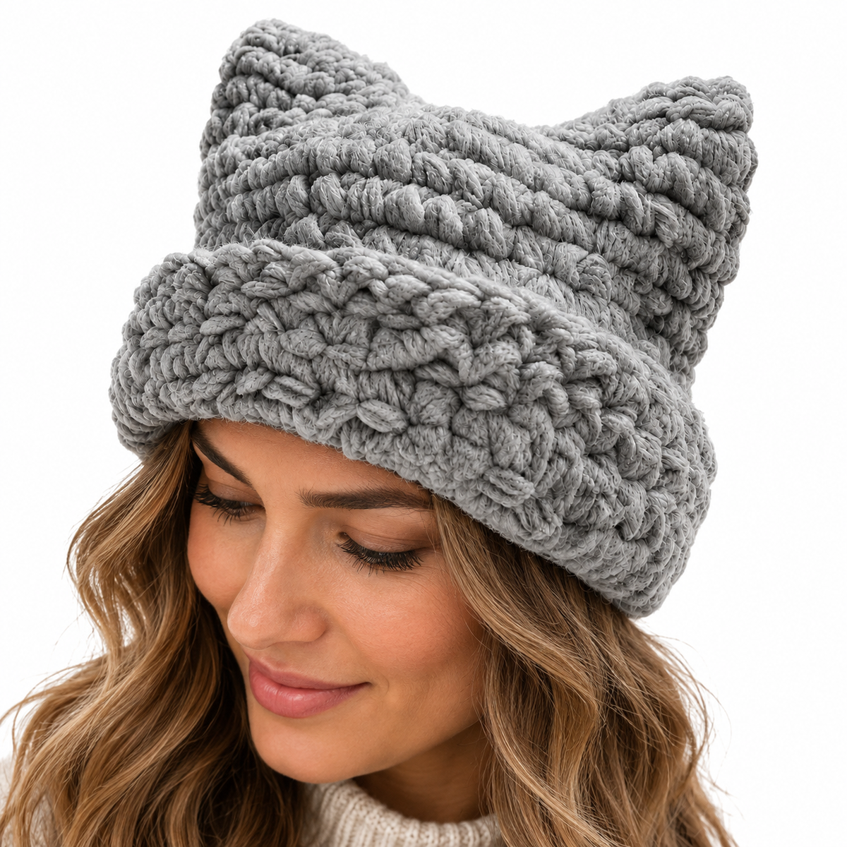 Freya | Women's Chunky Knit Beanie with Folded Cuff and Cat Ear Design