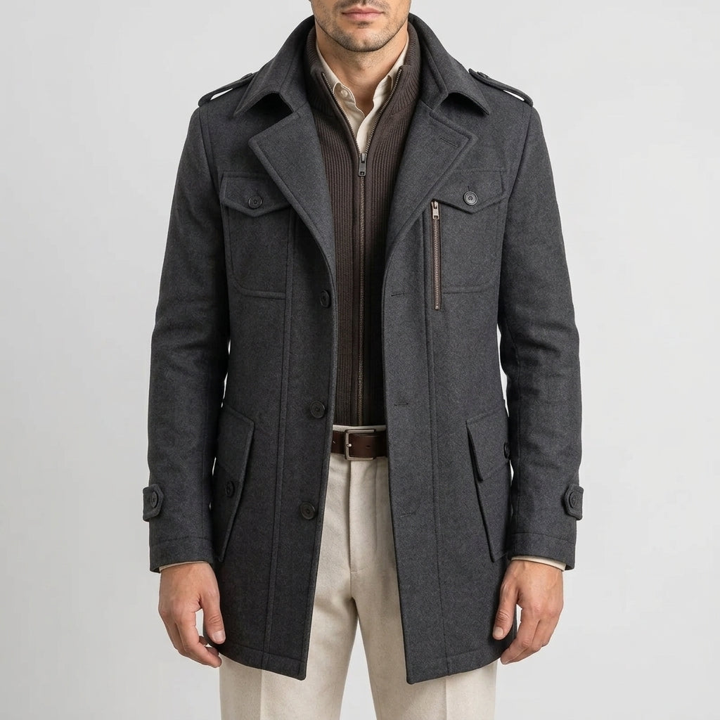 Sebastian | Men's Long Coat with Notched Collar and Button Front