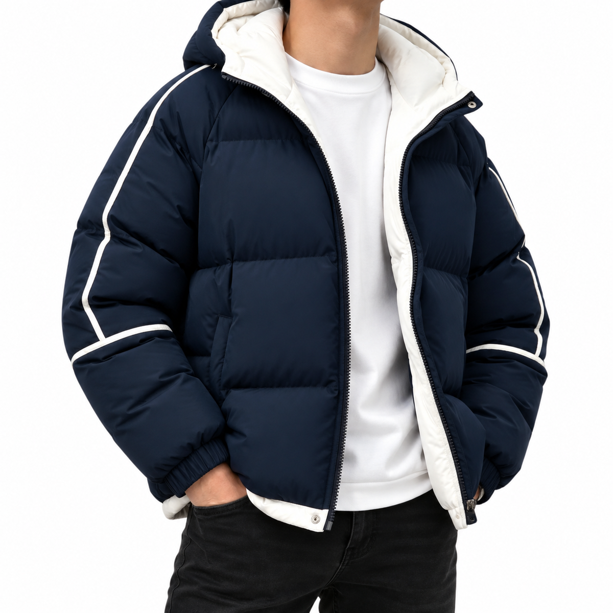 Jordan | Unisex Puffer Jacket with Hood and Contrast Sleeve Stripes