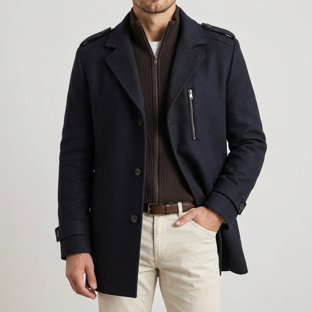 Sebastian | Men's Long Coat with Notched Collar and Button Front