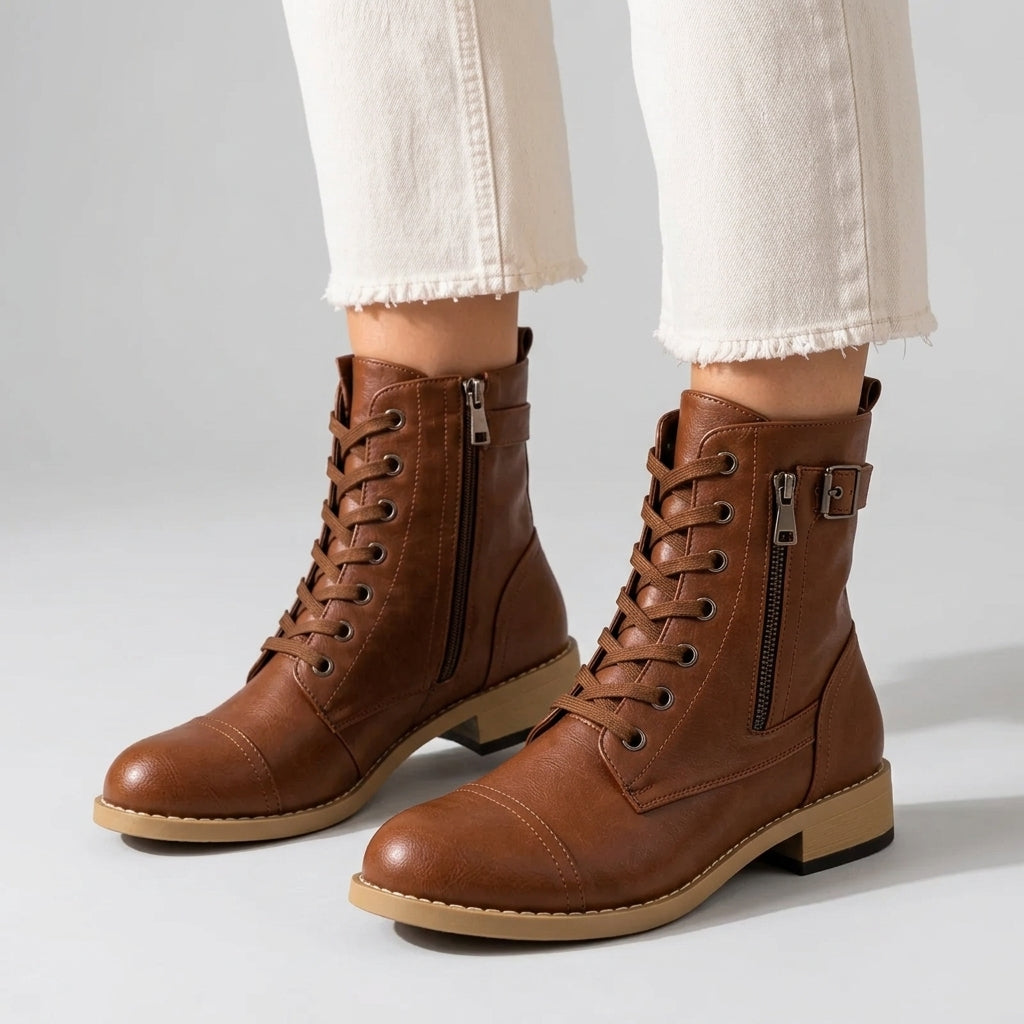Audrey | Women's Lace-Up Ankle Boots with Buckle Detail and Flat Sole