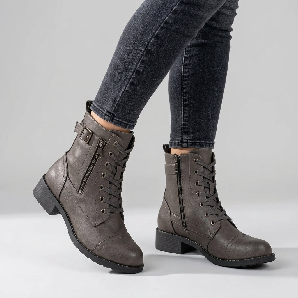 Audrey | Women's Lace-Up Ankle Boots with Buckle Detail and Flat Sole