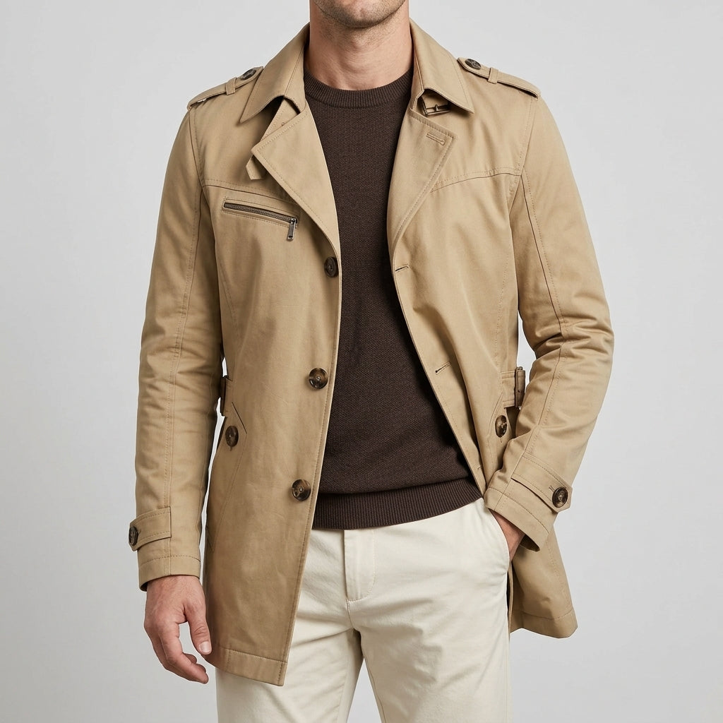 Theodore | Men's Trench Coat with Notched Collar and Button Front