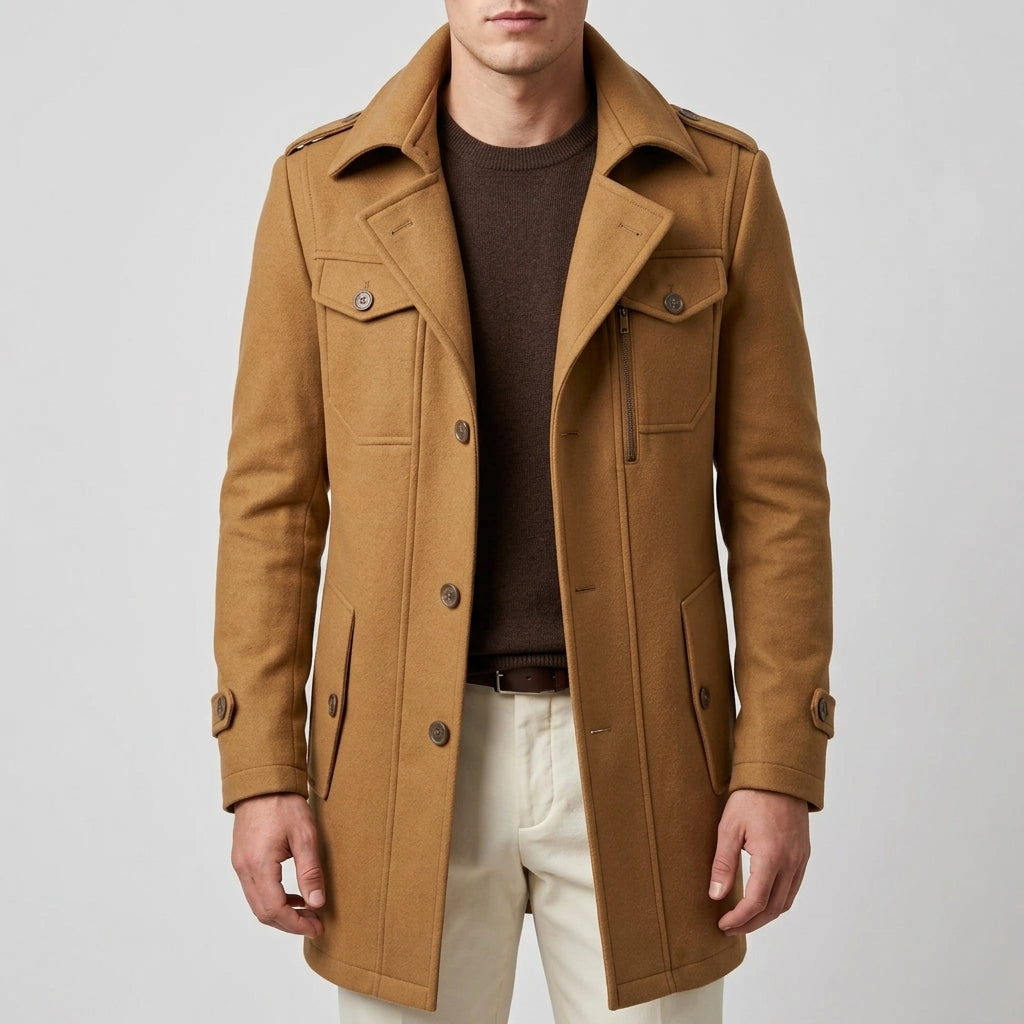 Sebastian | Men's Long Coat with Notched Collar and Button Front