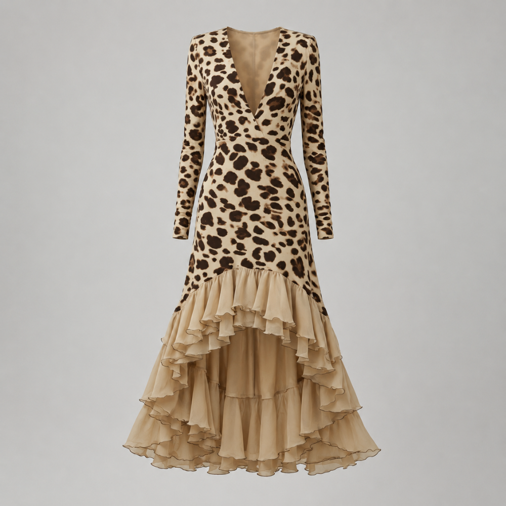 Ottilie Leopard Ruffle Midi Dress