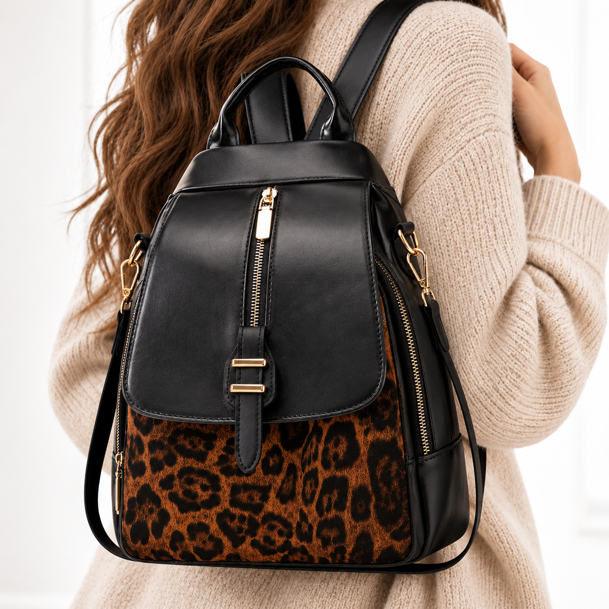 Savannah | Women's Backpack with Flap Closure and Animal Print Panel