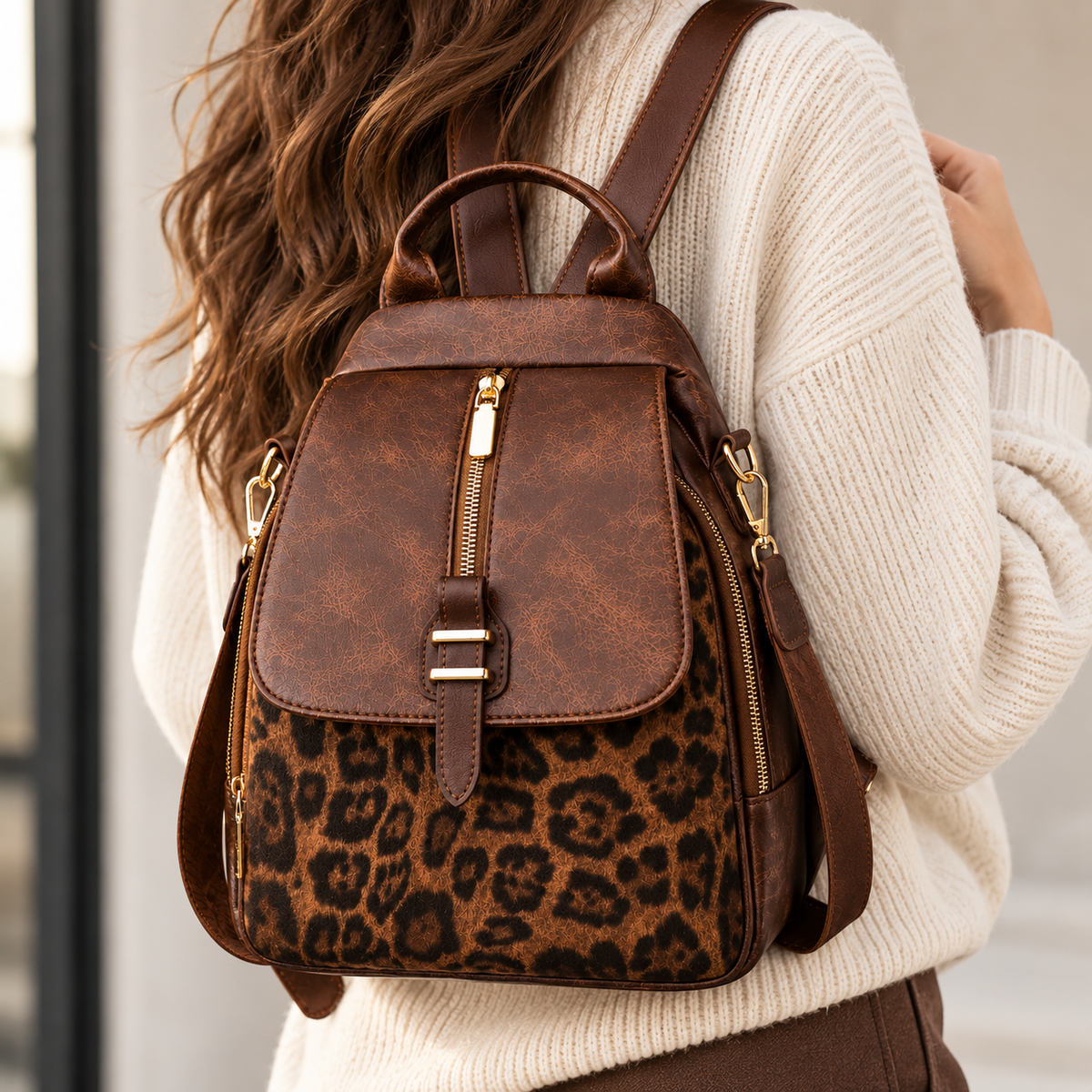 Savannah | Women's Backpack with Flap Closure and Animal Print Panel