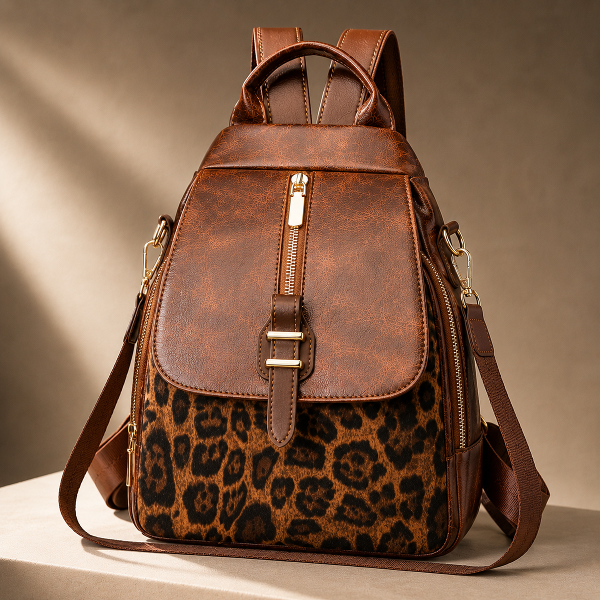 Savannah | Women's Backpack with Flap Closure and Animal Print Panel