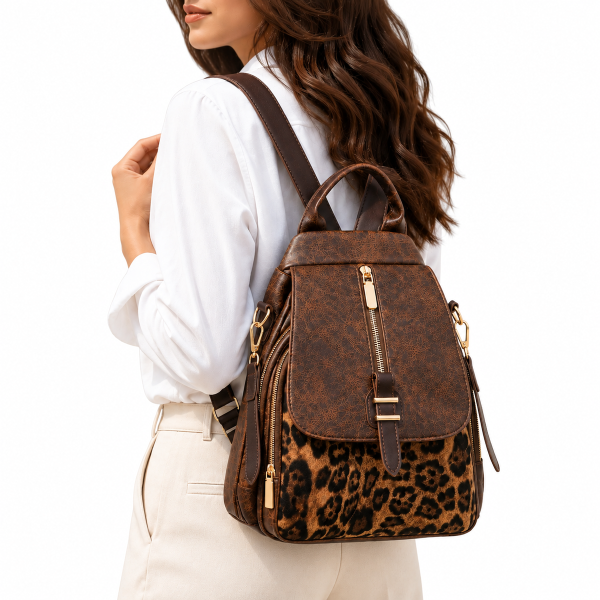 Savannah | Women's Backpack with Flap Closure and Animal Print Panel