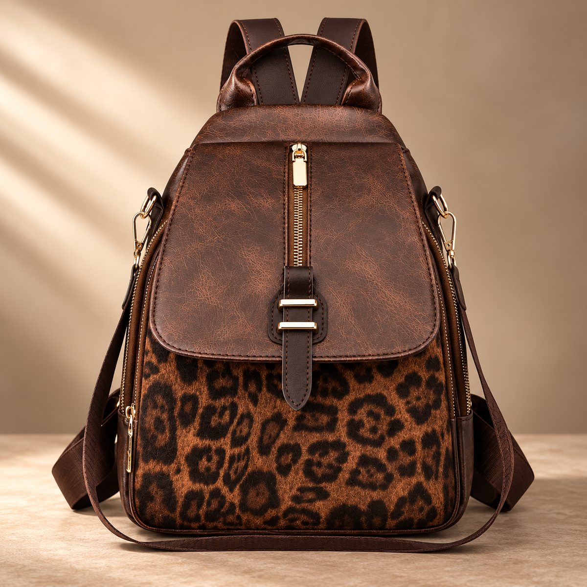 Savannah | Women's Backpack with Flap Closure and Animal Print Panel