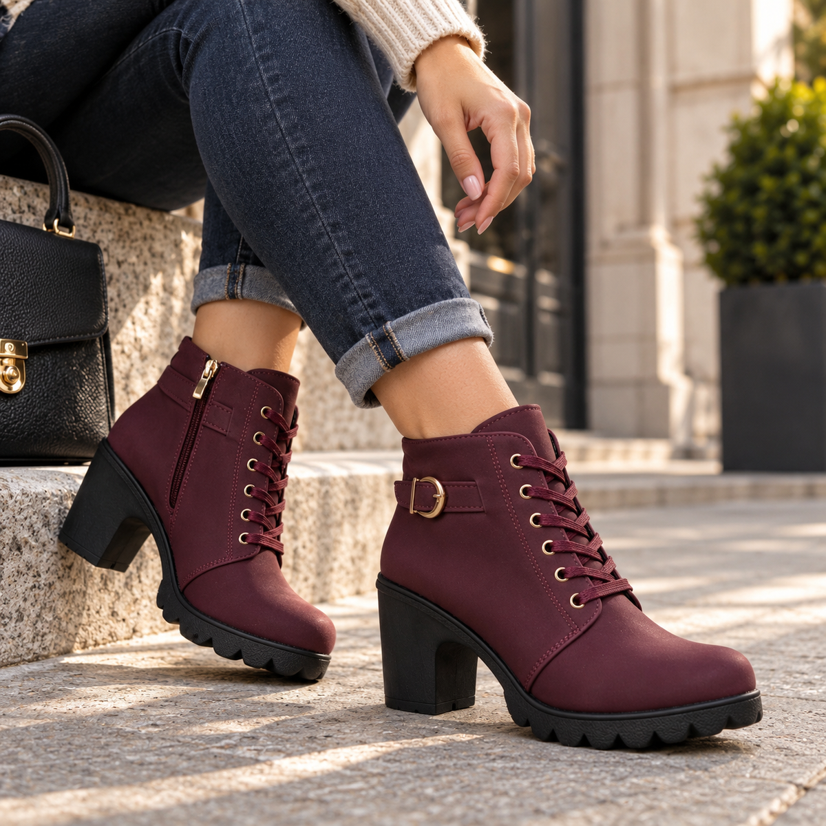 Scarlett | Women's Lace-Up Ankle Boots with Buckle Detail and Chunky Heel