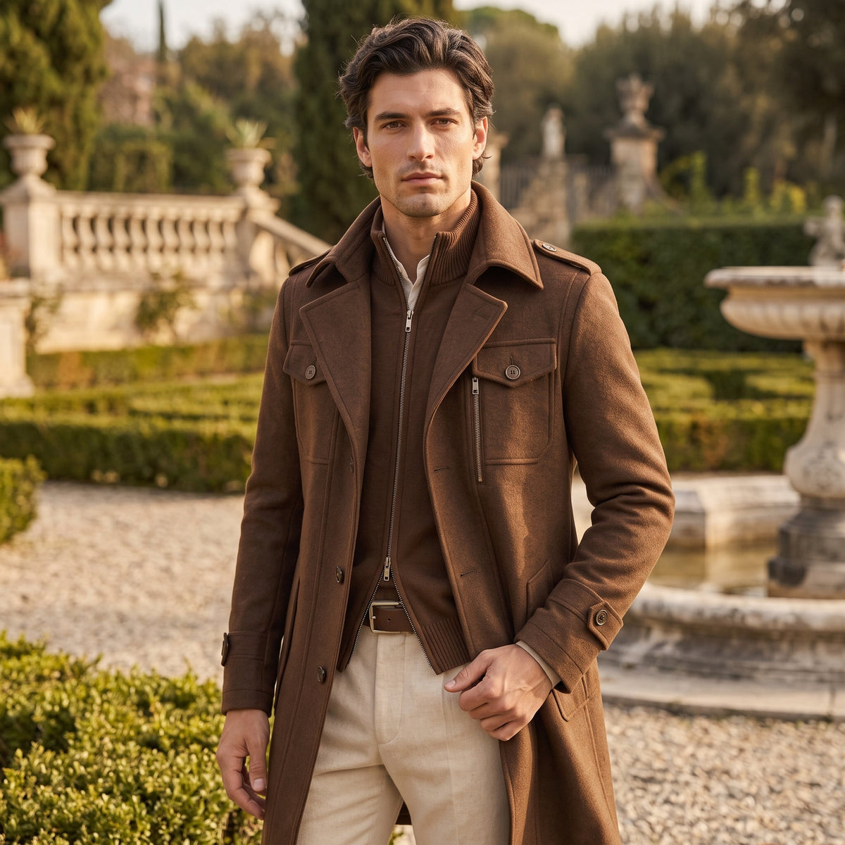 Sebastian | Men's Long Coat with Notched Collar and Button Front