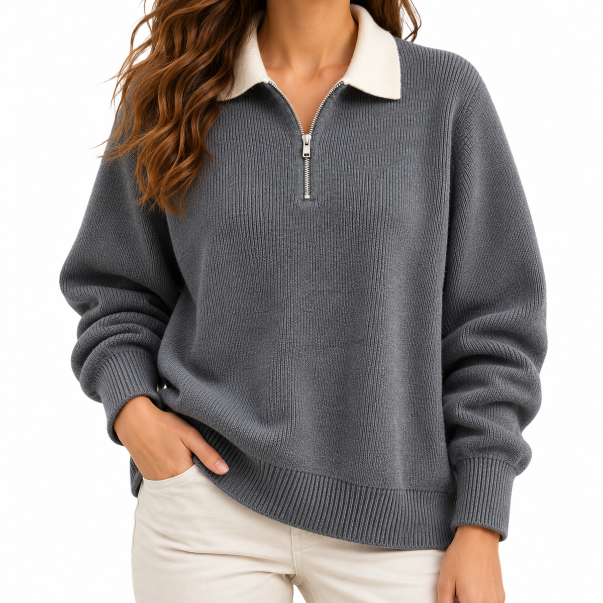 Sophie | Women's Half Zip Sweater with Contrast Collar and Ribbed Trim