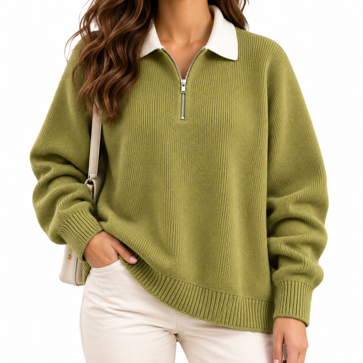 Sophie | Women's Half Zip Sweater with Contrast Collar and Ribbed Trim