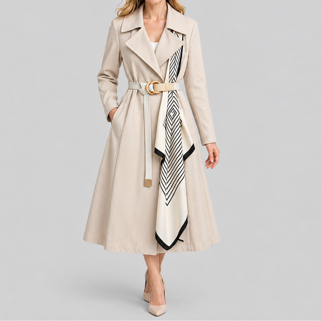 Vivienne | Women's Trench Coat with Belt and Checked Scarf Detail