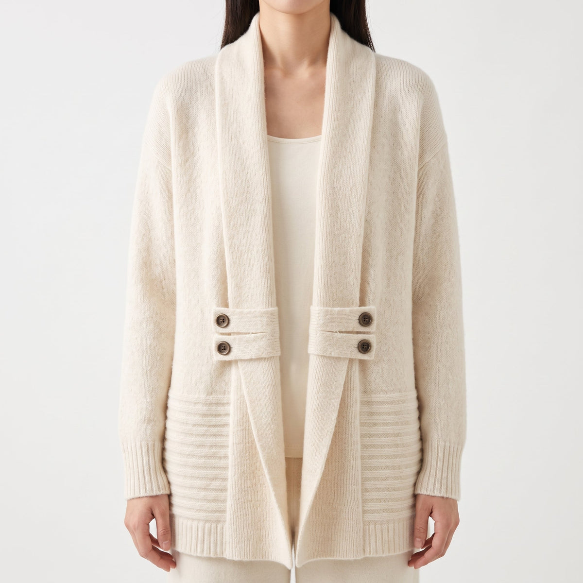 Beatrice | Women's Open Front Cardigan with Button Detail and Ribbed Trim