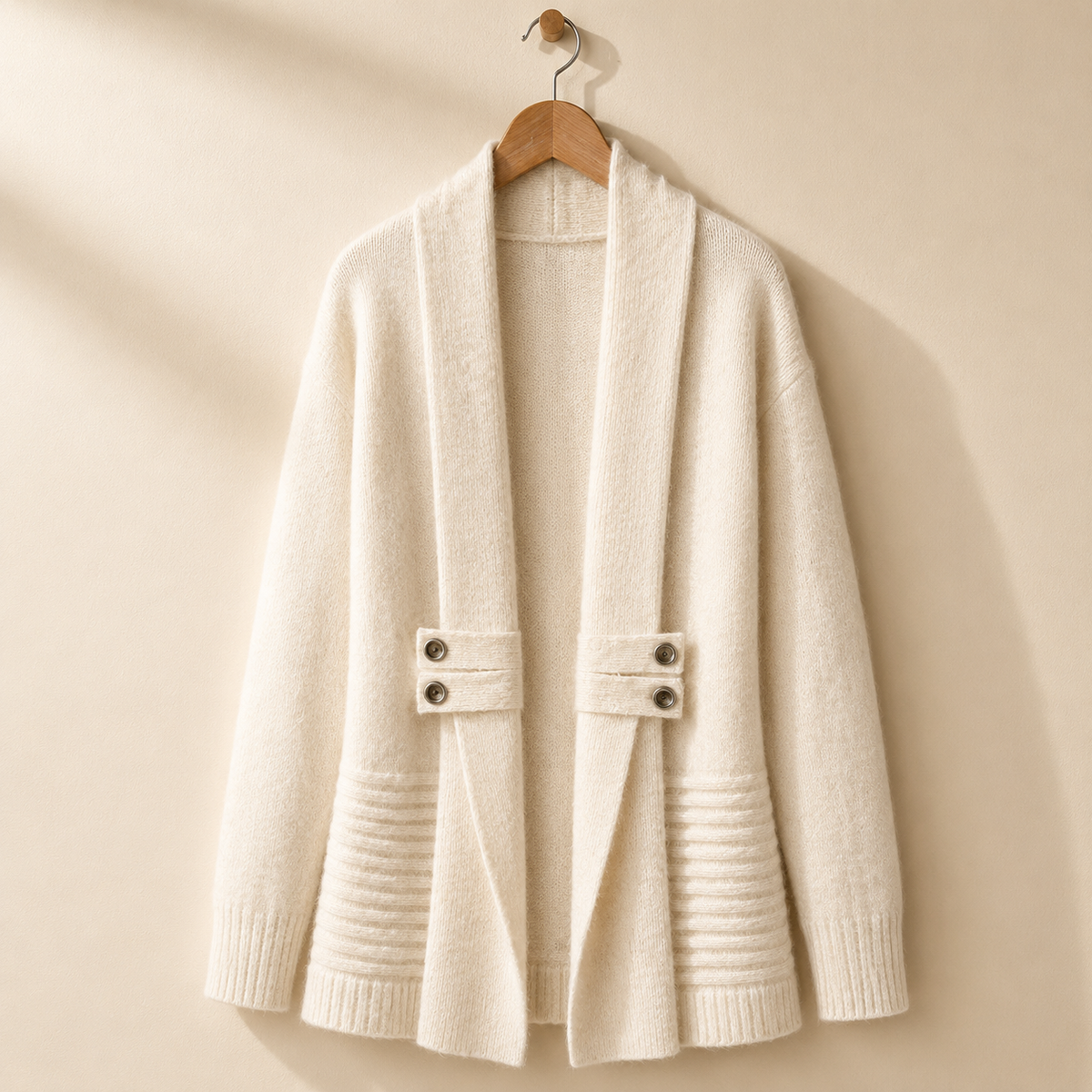 Beatrice | Women's Open Front Cardigan with Button Detail and Ribbed Trim